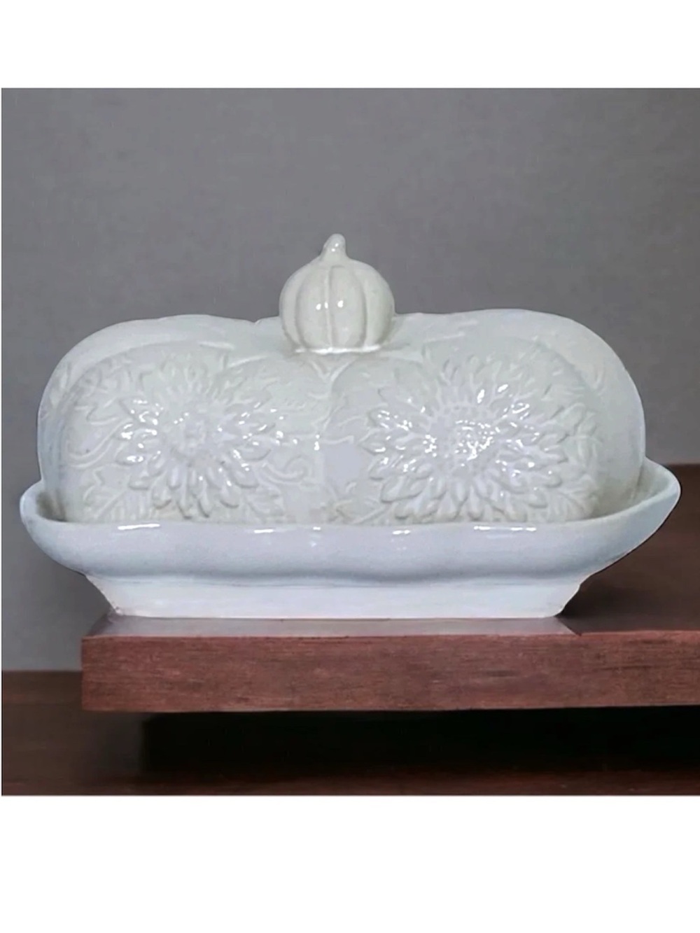Harvest Covered Butter Dish With Lid Large Ceramic Sunflower Pumpkin White Cream
